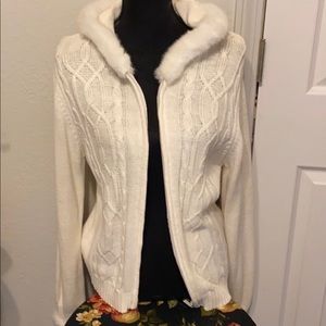 Hooded Knit Sweater sold by Avon. Size L. Faux fur around hood and cuffs.